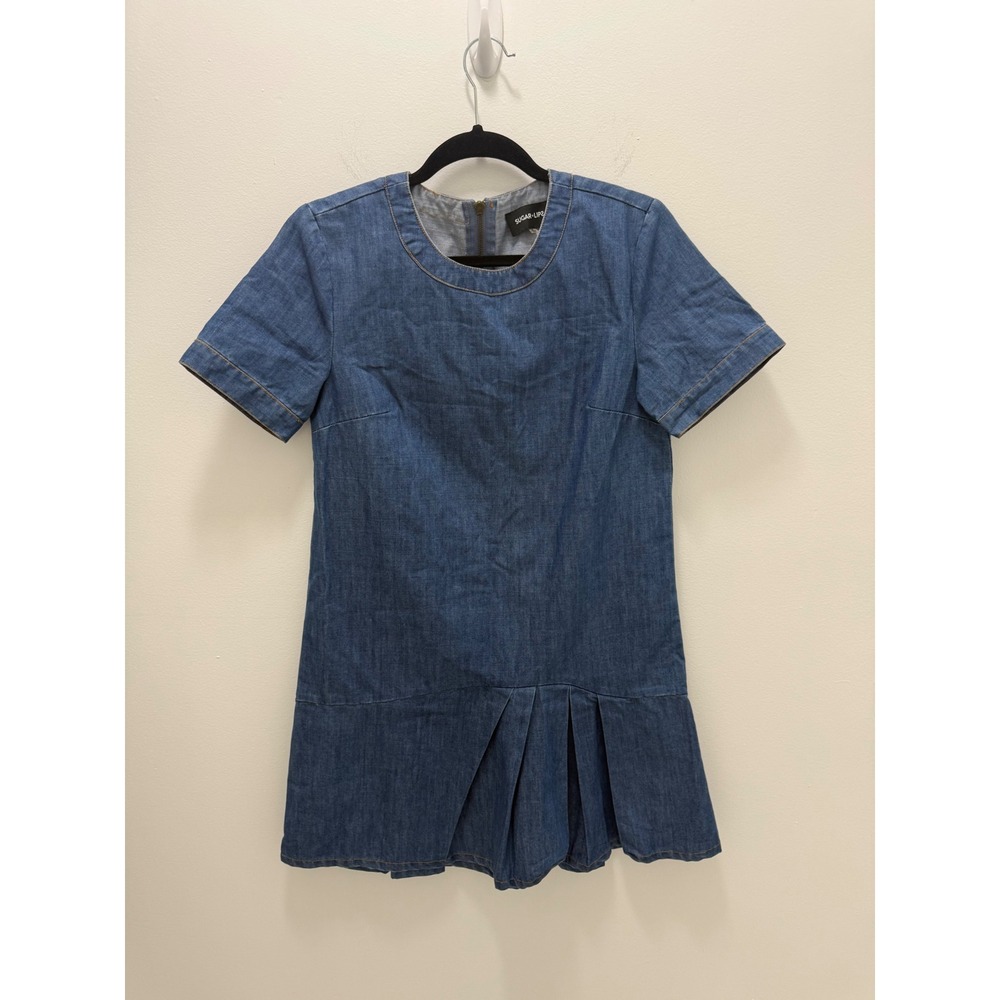 Sugar Lips Blue Denim Pleated Drop Waist Shift Dress Short Sleeve Size S